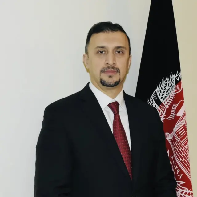 نصیر احمد فایق په درېشۍ کې ښکاري چې ځېګري رنګه خالداره نېکټايي یې په غاړه ده، فرنچ کټ ږیره یې جوړه کړې او شا ته یې د افغانستان بیرغ برېښي.