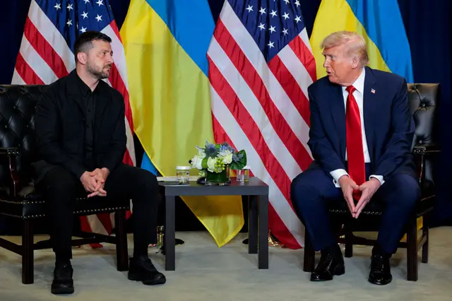 Зеленський та Трамп сидять і розмовляють на тлі прапорів США та України
