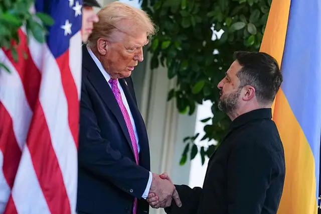 یوکرینی صدر زیلنسکی امریکی ہم منصب ڈونلڈ ٹرمپ سے وائٹ ہاؤس دورے کے دوران ہاتھ ملا رہے ہیں