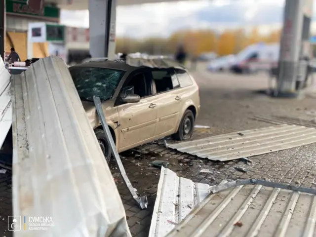 Последствия удара дрона по АЗС в Сумах
