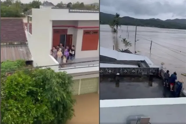 Người dân cố thủ trên tầng thượng khi nhà bị ngập tại thôn Cẩm Thạch, Phú Hoà, Phú Yên