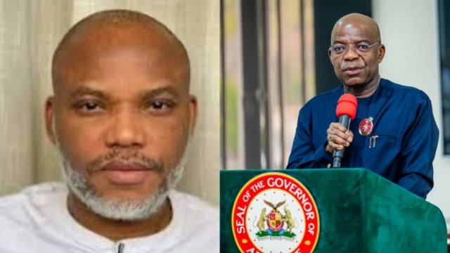 Foto nke a na-egosi Gọvanọ Abia steeti bụ Alex Otti na Onye ndu otu Indeginous People of Biafra (IPOB) a tụrụ nga mkpụrụọka