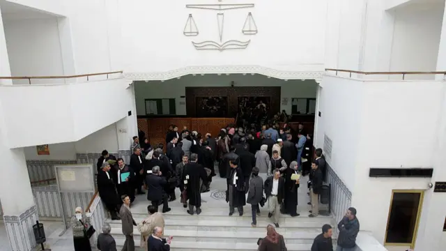 Algerian lawyers, witnesses and media reporters are seen in front of the court during the trial of the Algeria's biggest financial scandal since independence.