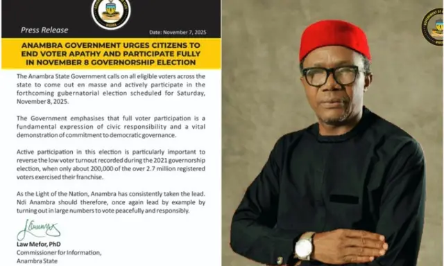 Foto Akwụkwọ ozi ahụ gọọmenti wepụtara na Kọmishọna na-ahụ maka mgbasaozi n'Anambra steeti bụ Law Mefor yi uwe ojii ma kpuru okpu na-acha ọbara ọbara