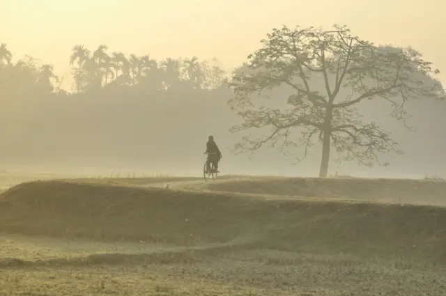 কুয়াশার ভেতর একটি মাটির রাস্তা দিয়ে সাইকেল চালিয়ে যাচ্ছেন একজন
