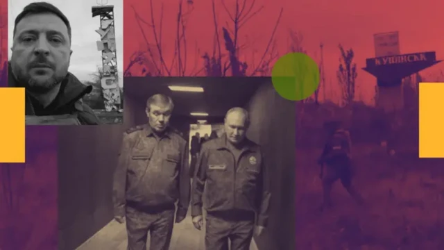 Коллаж: Владимир Зеленский около стелы на въезде в Купянск, а также фотография президента Путина и начальника Генштаба вооруженных сил России Герасимова