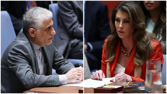 مشرق وسطیٰ کے لیے ٹرمپ انتظامیہ کی نائب خصوصی ایلچی مورگن اورٹاگس (دائیں)، اقوام متحدہ میں ایران کے مستقل نمائندے امیر سعید ایراوانی