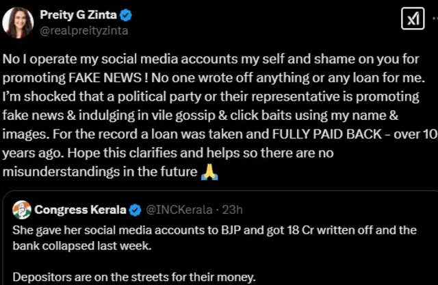 केरल कांग्रेस को प्रीति ज़िंटा का जवाब