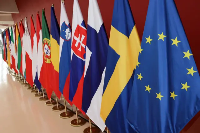 تظهر أعلام دول الاتحاد الأوروبي