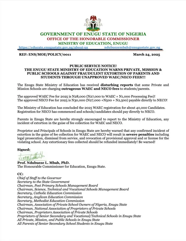 Gọọmentị Enugwu adọọla ụlọakwụkwọ aka na ntị maka ụgwọ WAEC/NECO akwadoghị