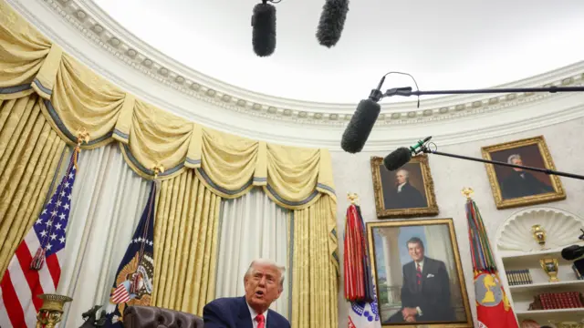 Микрофоны тянутся к Дональду Трампу, сидящему за столом в Овальном кабинете