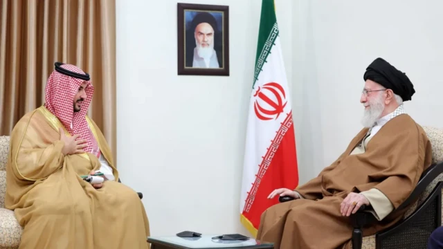 Ayatollah Ali Khamenei (R), met Saudi Defence Minister Prince Khalid bin Salman