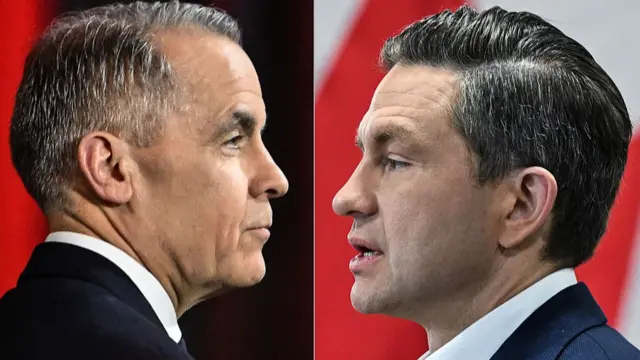 Mmadụ abụọ kara aka na-azọ ọkwa na ntuliaka a bụ Mark Carney nke pati Liberal na Pierre Poilievre nke pati Conservative.
