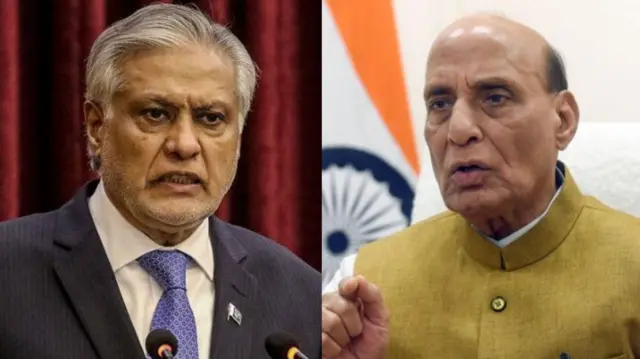 पाकिस्तान के विदेश मंत्री इसहाक़ डार और भारतीय रक्षा मंत्री राजनाथ सिंह (फ़ाइल फ़ोटो)