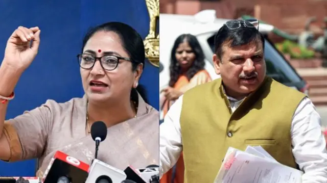 दिल्ली की मुख्यमंत्री रेखा गुप्ता और आम आदमी पार्टी के नेता संजय सिंह