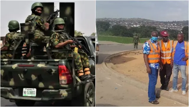 Ndịagha Naịjirịa nọ n'ụgbọala ha na ndị ọrụ gbata gbata n'ebe ogbunigwe ahụ gbara