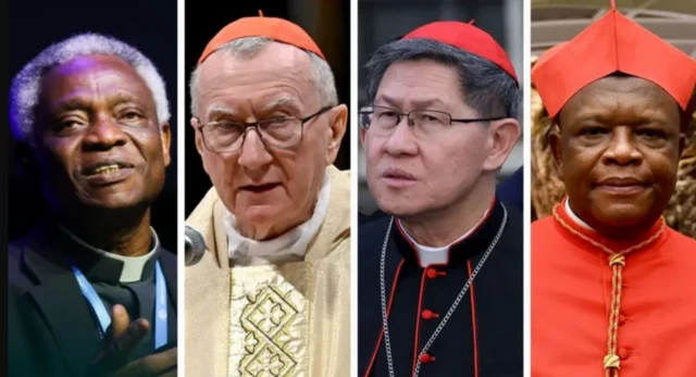 Ndị na-azọ ọkwa ị bụ Popu site n'aka nri ruo aka ekpe Kadịnal Peter Kodwo Appiah Turkson, Kadịnal Pietro Parolin, Kadịnal Luis Antonio Gokim Tagle na Kadịnal Fridolin Ambongo Besungu