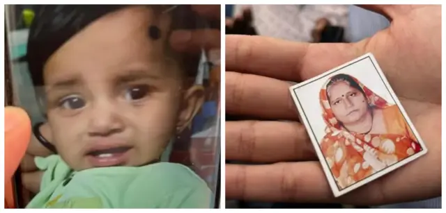 নাতনি আধ্যা (বাঁয়ে) আর স্ত্রী সরলা (ডানে) ছবি নিয়ে তাদের খুঁজে বেড়াচ্ছেন প্রহ্লাদ ঠাকোর