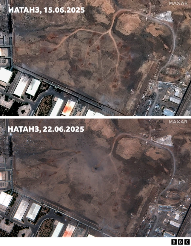Спутниковые снимки иранского центра по обогащению урана в Натанзе до и после ударов