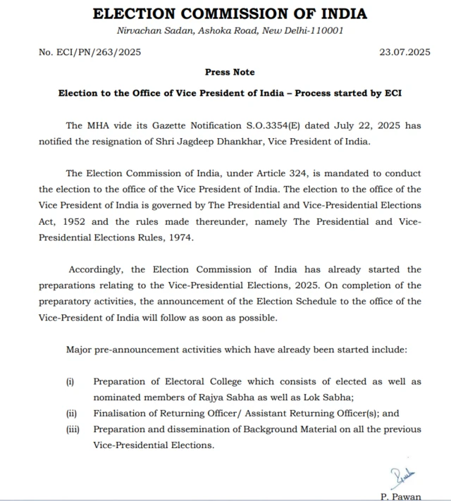 जगदीप धनखड़ के इस्तीफ़े के बाद उपराष्ट्रपति पद पर चुनाव आयोग ने दिया ये  अपडेट - BBC News हिंदी