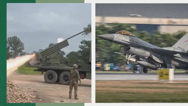 Pháo phản lực BM-21 của Campuchia (trái) và máy bay chiến đấu F-16 của Thái Lan