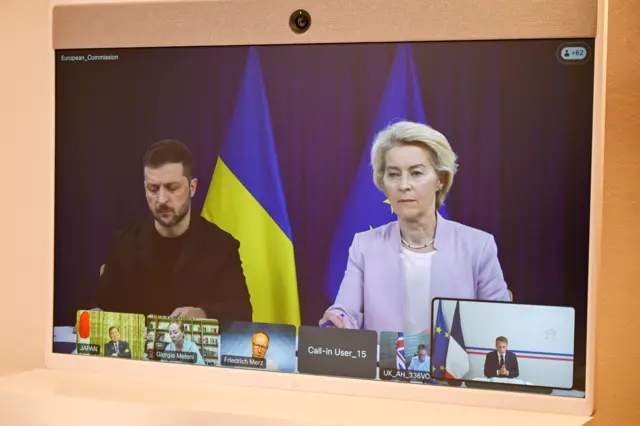 Зеленский и глава Еврокомиссии Урсула фон дер Ляйен на виртуальной встрече с союзниками