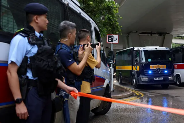 A prison van believed to be carrying Jimmy Lai arrives at the West Kowloon Magistrates’ Courts building for the closing submissions in the national security collusion trial of Jimmy Lai, founder of the now-defunct pro-democracy newspaper Apple Daily, in Hong Kong, China, August 18, 2025.