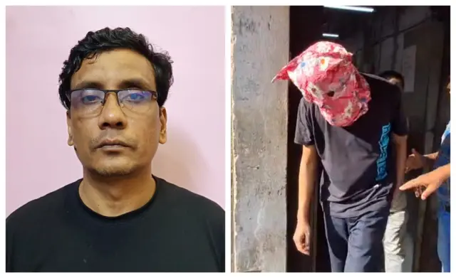 পুলিশ হেফাজতে মোহাম্মদ আরিফুজ্জামান (বাঁয়ে), তাকে রবিবার আদালত থেকে মুখ ঢেকে বার করা হচ্ছে (ডানে)