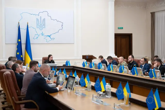 Заседание правительства Украины: стол буквой П, за которым сидят министры. На столе установлены флажки Украины и ЕС