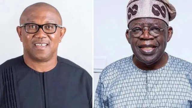 Peter Obi sanye da baƙeƙen kaya da tubarau yana kallon kyamara tare da Bola Tinubu sanye da hula da shudiyar riga da tubarau