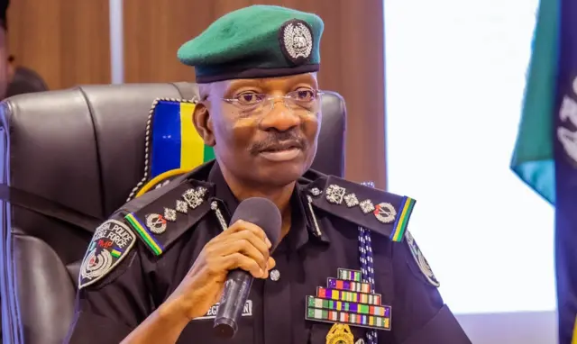 IGP zaune yana jawabi da abin magana, sanye da koriyar hula