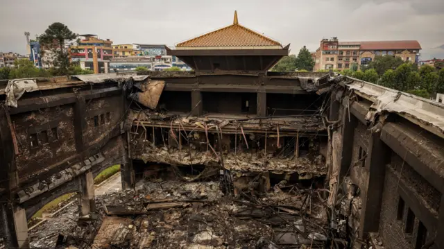 प्रदर्शनकारीहरूले जलाएको सङ्घी संसद् भवनको एक भाग