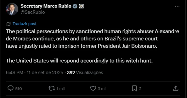 Reprodução do tuíte de Marco Rubio