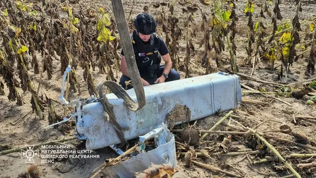сапер рассматривает обломок ракеты посреди поля подсолнухов