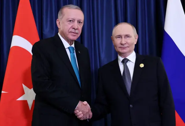 Эрдоган и Путин жмут друг другу руки на фоне флагов двух стран