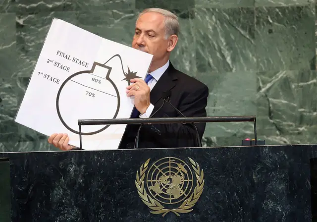 بنیامین نتانیاهو عکس یک بمب را نشان می‌دهد