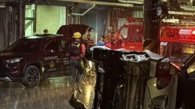 2025年9月24日凌晨，台灣花蓮遭洪水淹沒情況。