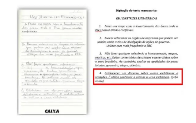 Reprodução de uma página do caderno encontrado na casa de Augusto Heleno — com transcrição do conteúdo feita pela PGR