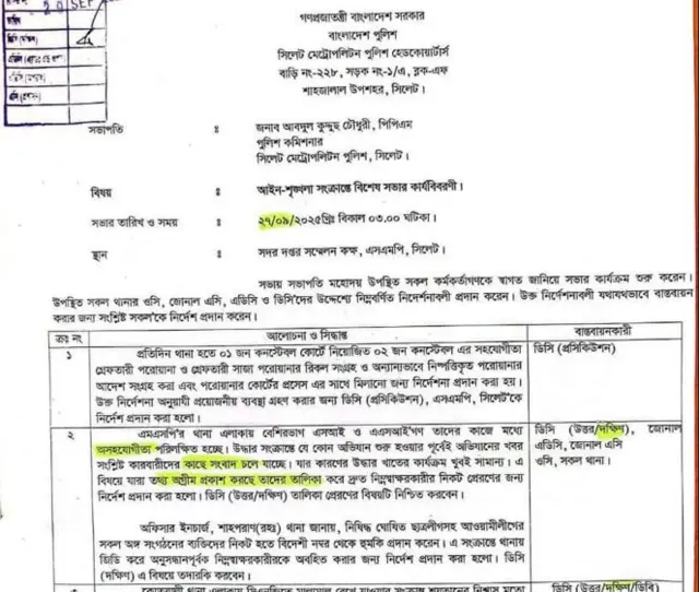 সিলেট মেট্রোপলিটন পুলিশের আইনশৃঙ্খলা সংক্রান্ত বৈঠকের চিঠি