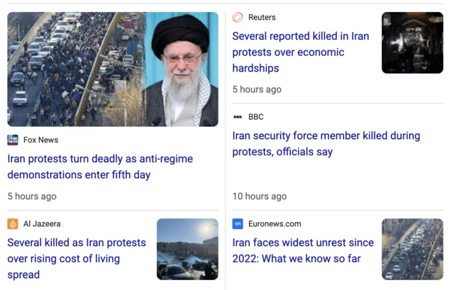 اسکرین از اخبار مرتبط با اعتراضات ایران در رسانههای خارجی