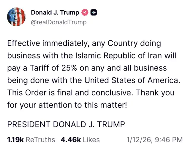 اسکرین پست ترامپ روز ۱۲ ژانویه ۲۰۲۶