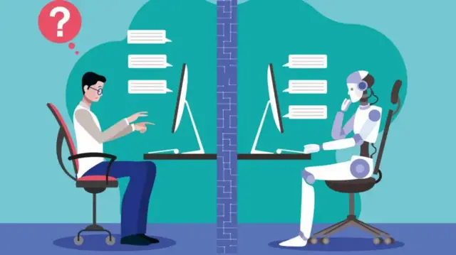 လူနဲ့ အေအိုင် စကားပြောနေတဲ့ အခြေအနေသရုပ်ပြ ဂရပ်ဖစ်ပုံ။ နံရံခြားထားတဲ့ ကွန်ပြူတာစားပွဲ နှစ်ခုမှာ တစ်ဖက်ကလူ တစ်ဖက်က စက်ရုပ် စာပို့နေပုံ