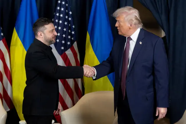 Владимир Зеленский и Дональд Трамп жмут руки на фоне украинских и американских флагов