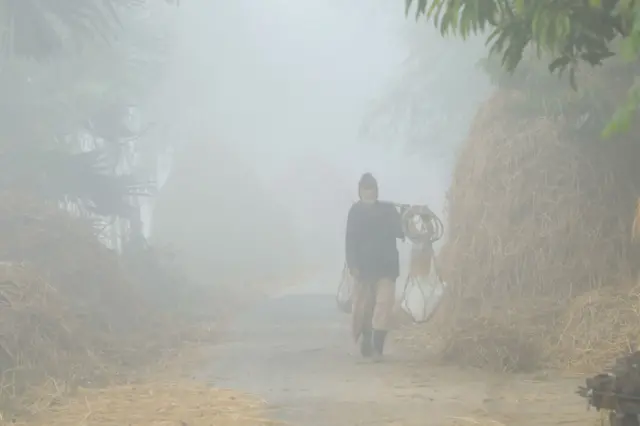 কুয়াশায় হেঁটে যাচ্ছেন বৃদ্ধ এক লোক