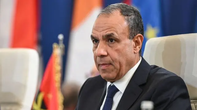 بدر عبدالعاطی، وزیر خارجه مصر با کت سیاه و کراوات آبی