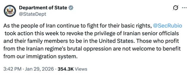 تصویر پست وزارت خارجه آمریکا - ۲۹ ژانویه ۲۰۲۶