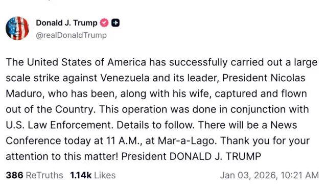 Captura de pantalla de un post de Donald Trump.