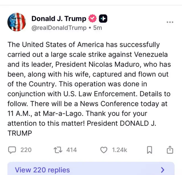 Post de Donald Trump anunciando ataque à Venezuela