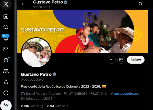 Cuenta oficial de Gustavo Petro en X