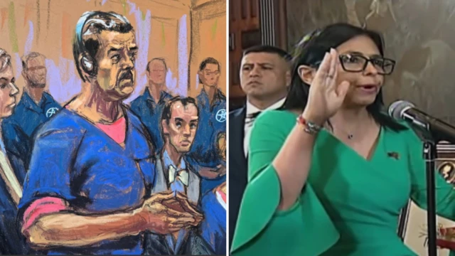 Imagen compuesta por la comparecencia de Maduro en la audiencia y la juramentación de Delcy Rodríguez